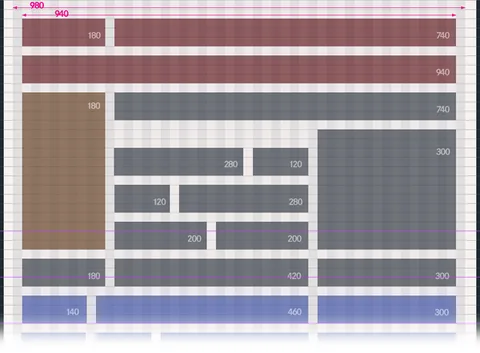 The 980-pixel layout grid with labeled module widths: 180, 300, 460, 740, 940