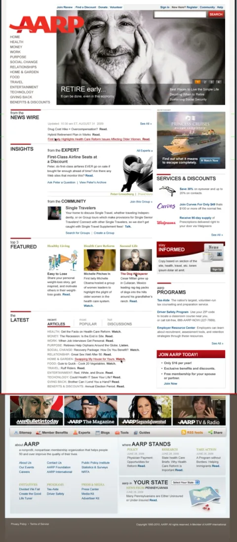 Full-length AARP.org homepage design: retirement hero, news wire, expert insights, featured programs and channel modules