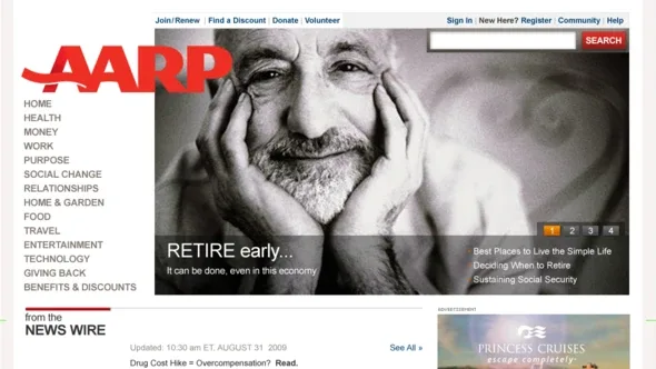 The top of the relaunched AARP.org: red AARP wordmark, channel navigation, and the &ldquo;Retire early&hellip;&rdquo; hero