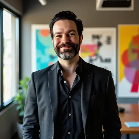 Travis Payne in a dark blazer, easy grin, standing in front of a wall of colorful framed prints