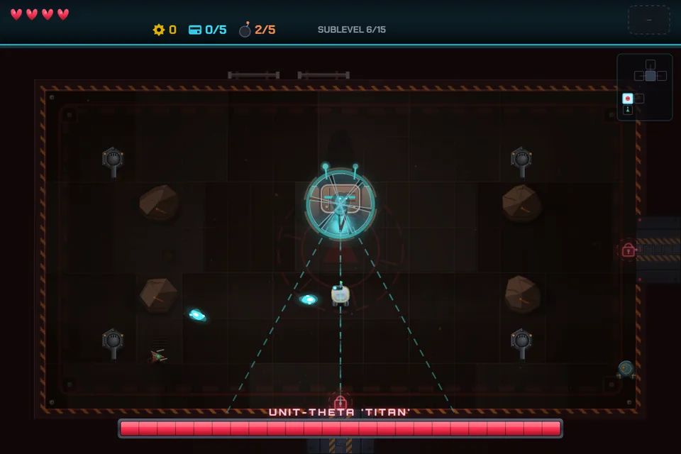 A boss arena: UNIT-THETA TITAN, a glowing ringed machine, telegraphing two dashed attack cones toward the player's small white droid, health bar running the bottom