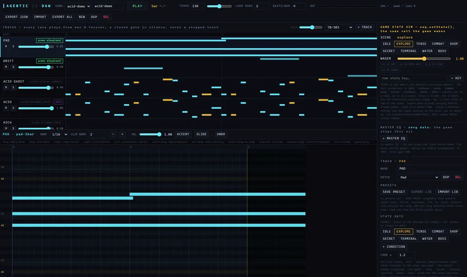 The AGENTIC DAW running in the browser: track lanes gated by game scenes, a piano roll, a TB-303 patch, and a game-state simulator panel with scene buttons from idle to boss