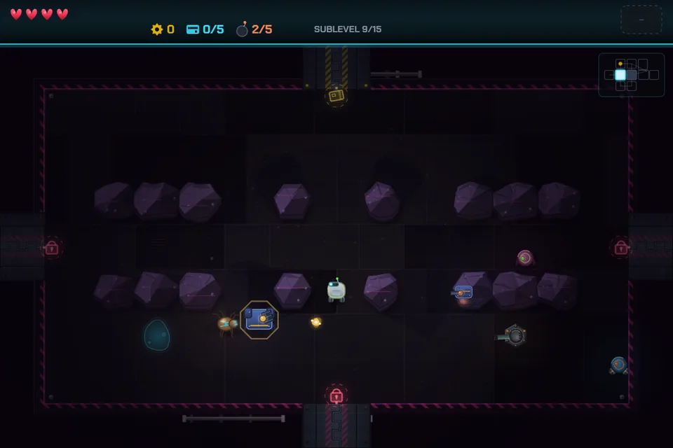 A near-dark room deep in the descent: purple ore boulders, small glowing robots, and an elite enemy carrying a gold octagonal badge