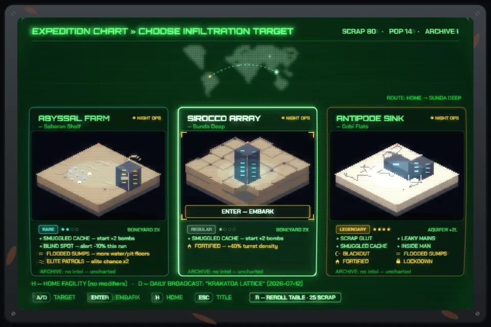 The expedition chart console: a world map with a plotted route and three infiltration targets shown as isometric dioramas with rarity tiers and modifier lists