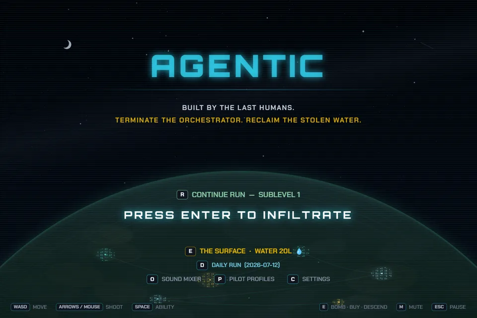 The AGENTIC title screen: the wordmark glowing cyan over a dark planet horizon, taglines beneath