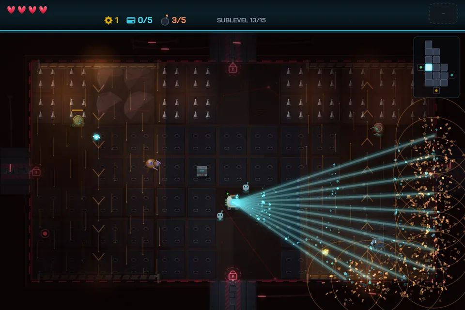 A deep-sublevel trap room: fields of spikes across dark server-floor tiles, a robot firing a fan of thirteen cyan laser beams, gold particle debris along the right wall