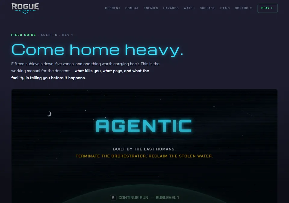 The field guide's opening at rogueagent.studio: the Rogue Agent wordmark, section navigation, the headline Come home heavy, and the title screen beneath