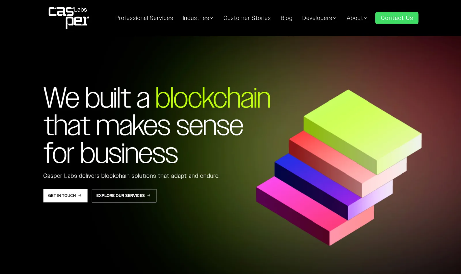 The Casper Labs homepage in the JKR identity: the drip wordmark in the nav, the headline We built a blockchain that makes sense for business, and stacked isometric slabs in lime, magenta and violet