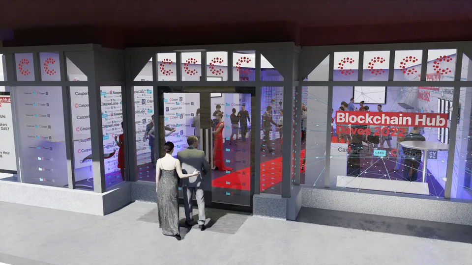 3D render of the Blockchain Hub Davos 2022 street frontage with red window wrap and daily schedule signage