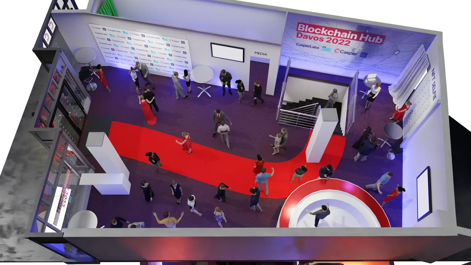 Overhead cutaway render of the 2022 main room with red circular stage, logo wall and red carpet routing