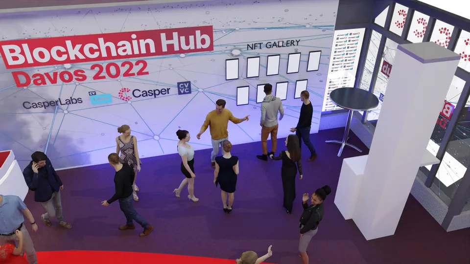 Render of the NFT gallery wall with framed artworks and Blockchain Hub Davos 2022 branding
