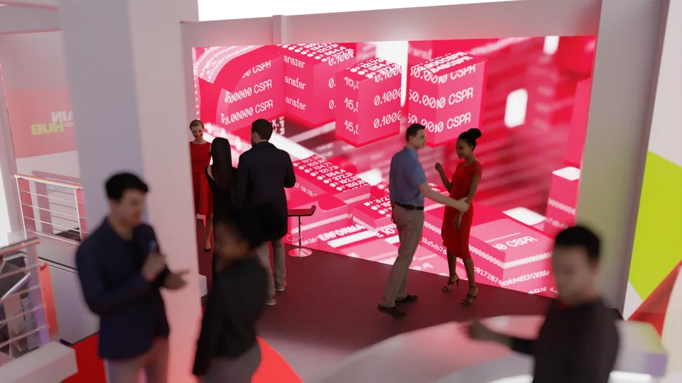 The LED wall running a transaction visualisation: extruded blocks, CSPR amounts and hashes in red and white