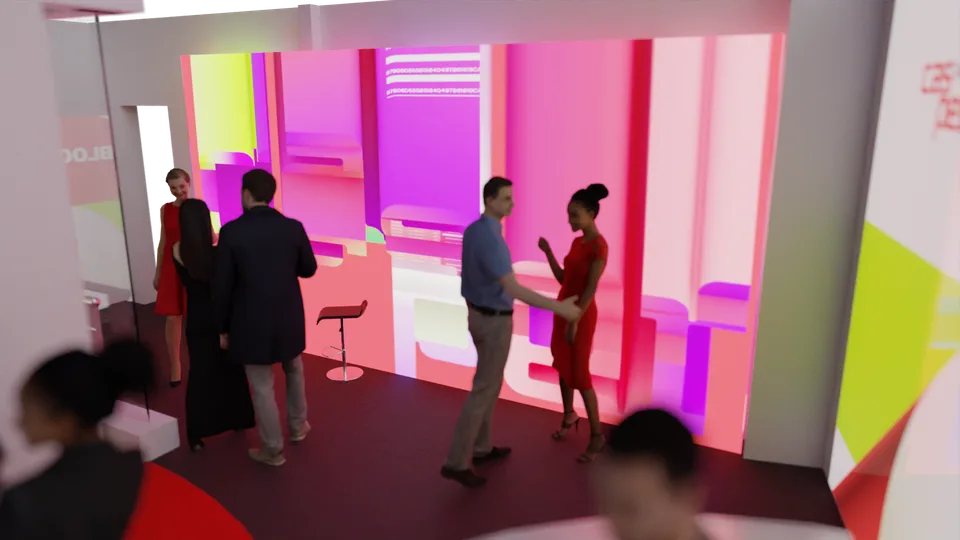 The same wall running an abstract composition in magenta, lime and white, people talking in front of it