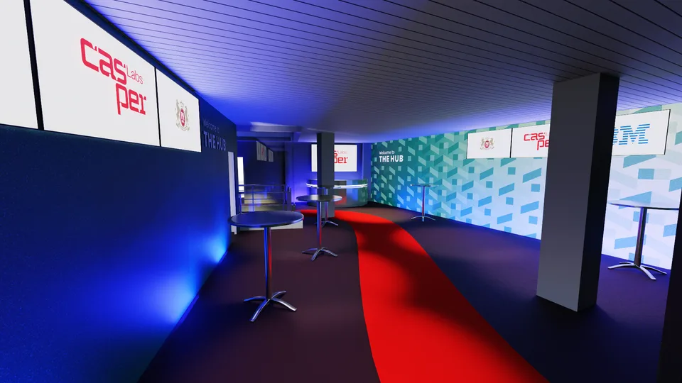 Eye-level render inside The Hub at Davos 2024: the red path running the length of the room, the alpine gradient wall, and Casper Labs and partner signage above