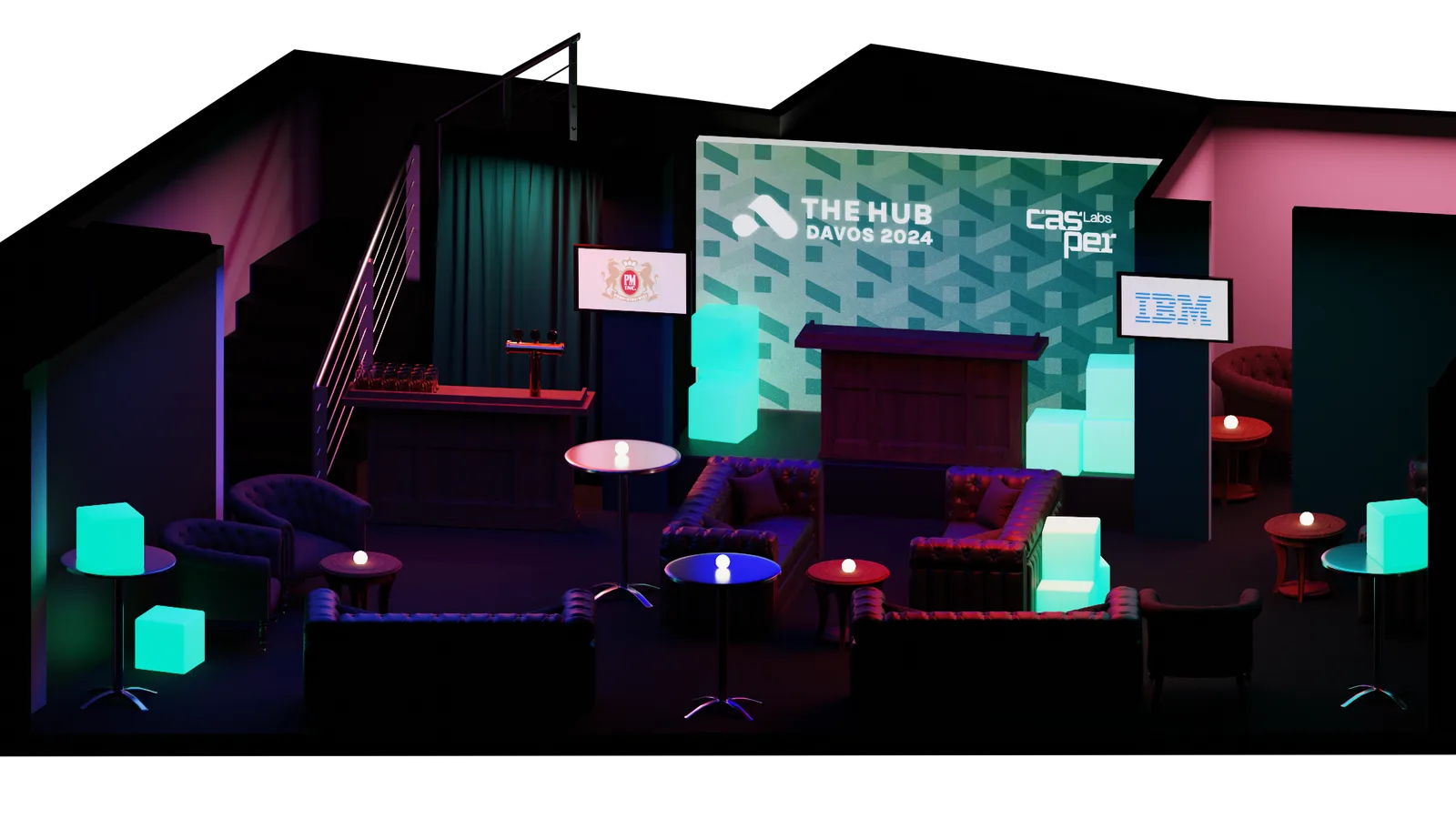 Night render of The Hub lounge: alpine-patterned wall reading The Hub Davos 2024, IBM and Casper Labs partner screens, chesterfield sofas and glowing cube seats