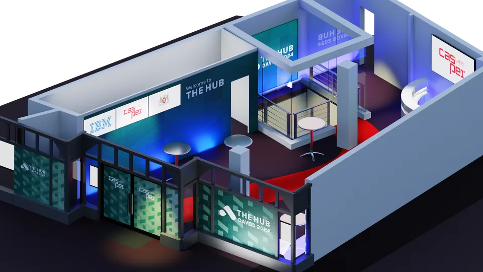 Overhead cutaway of the upstairs floor: wrapped frontage and doors, the welcome wall, and the partner lockup rail
