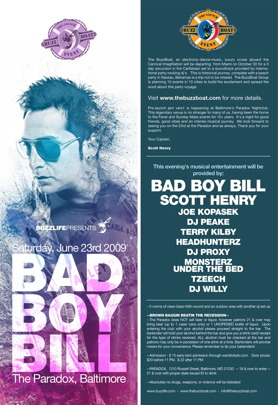 BuzzBoat pre-launch flier: a DJ portrait in cyan and magenta halftone beside the night's bill and cruise details