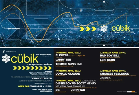 Cübik April 2004 card: an orange waveform over navy wireframe, yellow chevrons pointing into the listings