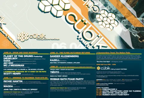 Cübik June 2004 card: orange and white hex forms in perspective above four Fridays of listings