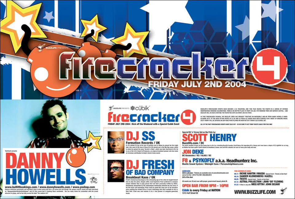 Firecracker 4 flier, front and back: chrome and stars over a bomb-and-fuse mascot, with the DJ bill below