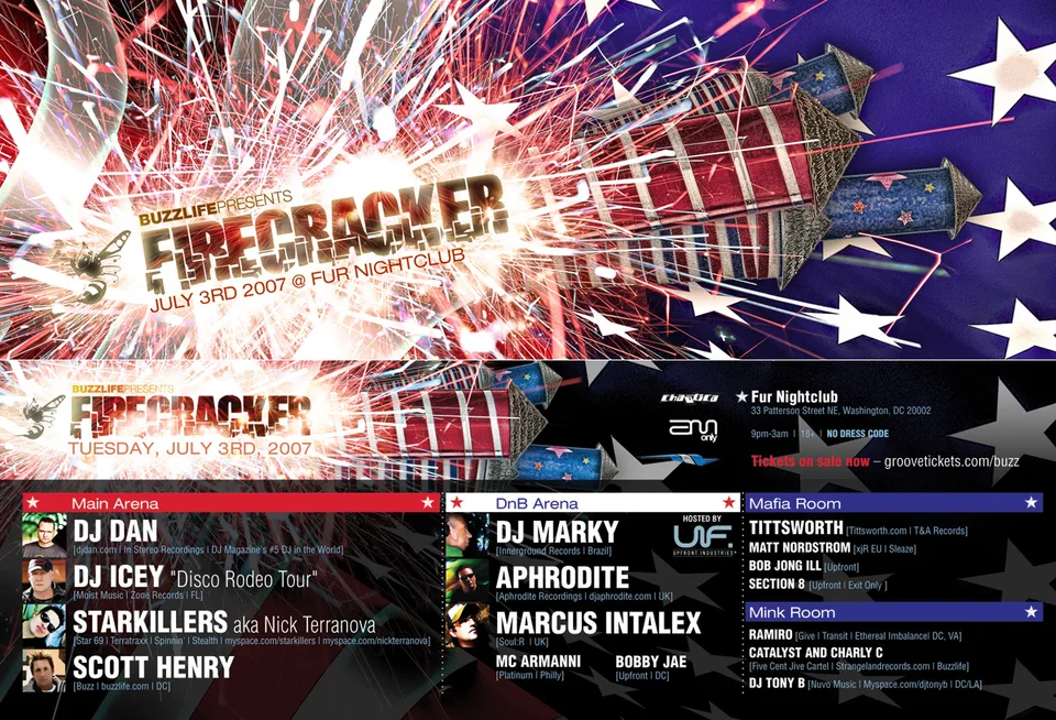 Firecracker 2007 flier: fireworks and stars behind gold display type, with four rooms of DJs listed below