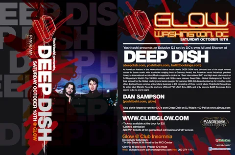 Glow flier for Deep Dish: red brush marks over a night skyline, the duo's name stacked large