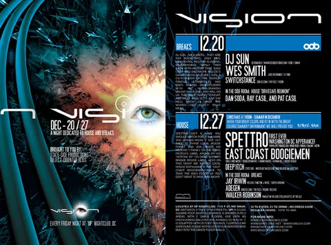 Vision flier: an eye inside a lens reticle over fire and blue cabling, two Fridays of house and breaks listed