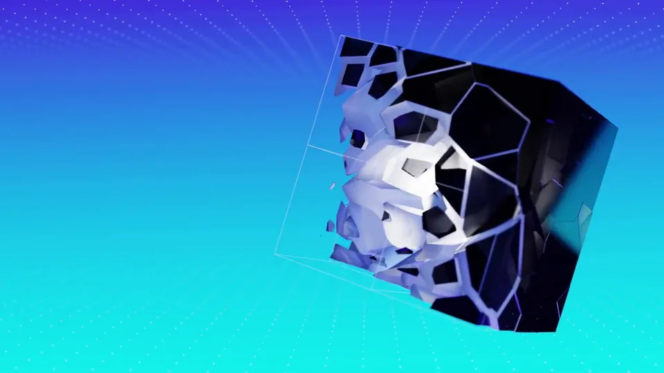 Frame from the black-box concept film: an AI black box pried open mid-shatter against a blue-to-cyan gradient