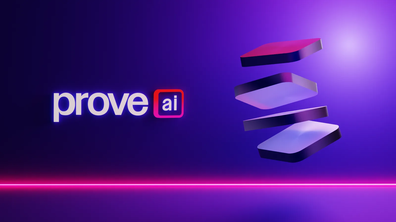 Key art render: glowing prove ai wordmark beside the floating tile stack on a purple field with a neon pink horizon line
