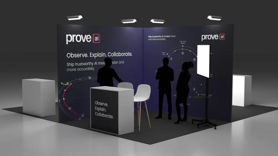 Render of a larger corner-booth concept in a darker direction titled Observe. Explain. Collaborate. with an AI lifecycle diagram wall