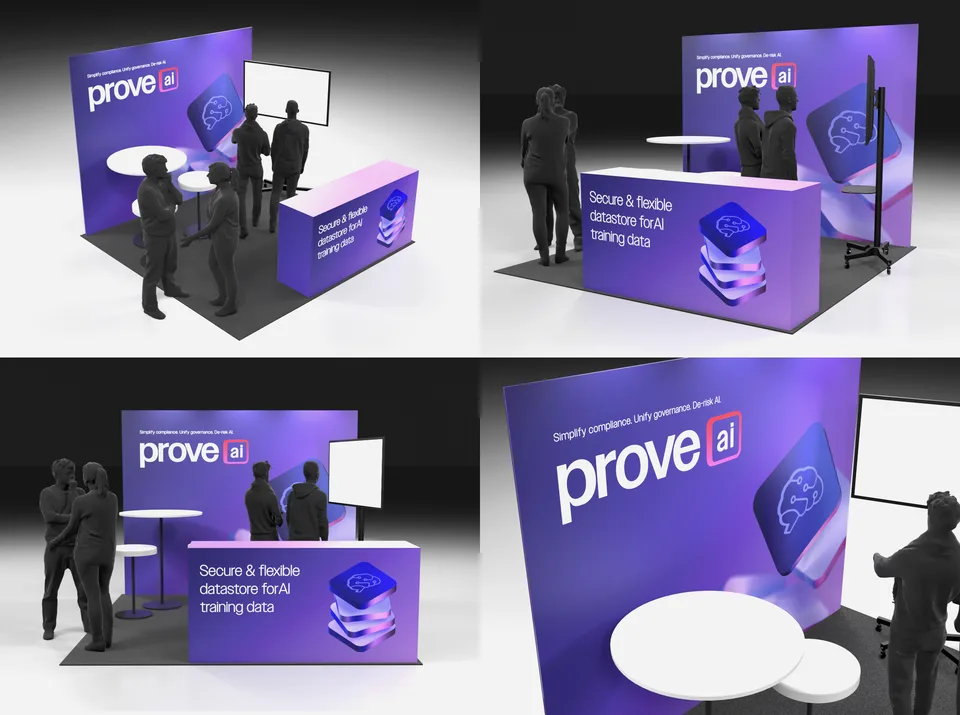 Four 3D renders of the Prove AI conference booth from different angles, purple gradient walls and the layered-chip motif