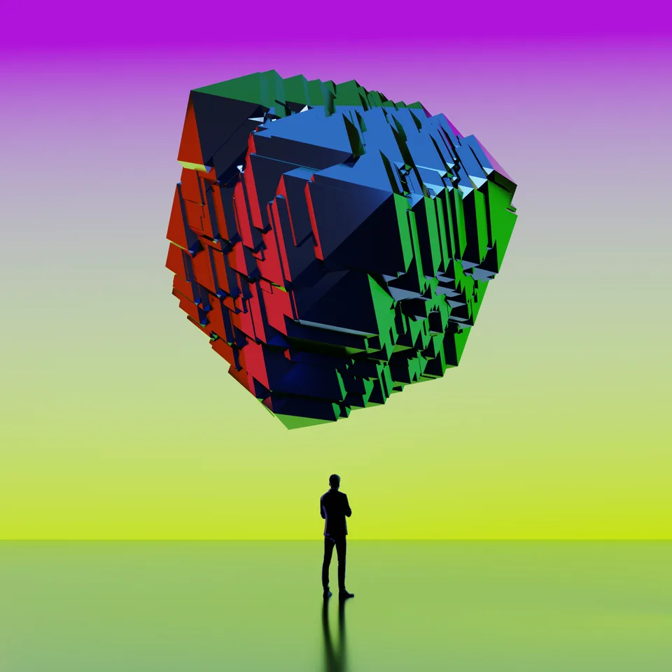 Scale study: a lone figure beneath a massive fractured black monolith against a lime gradient