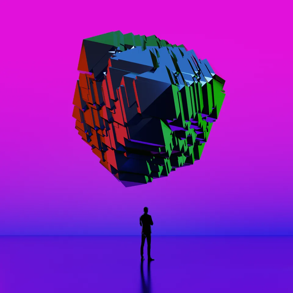 The same fractured monolith against a violet gradient