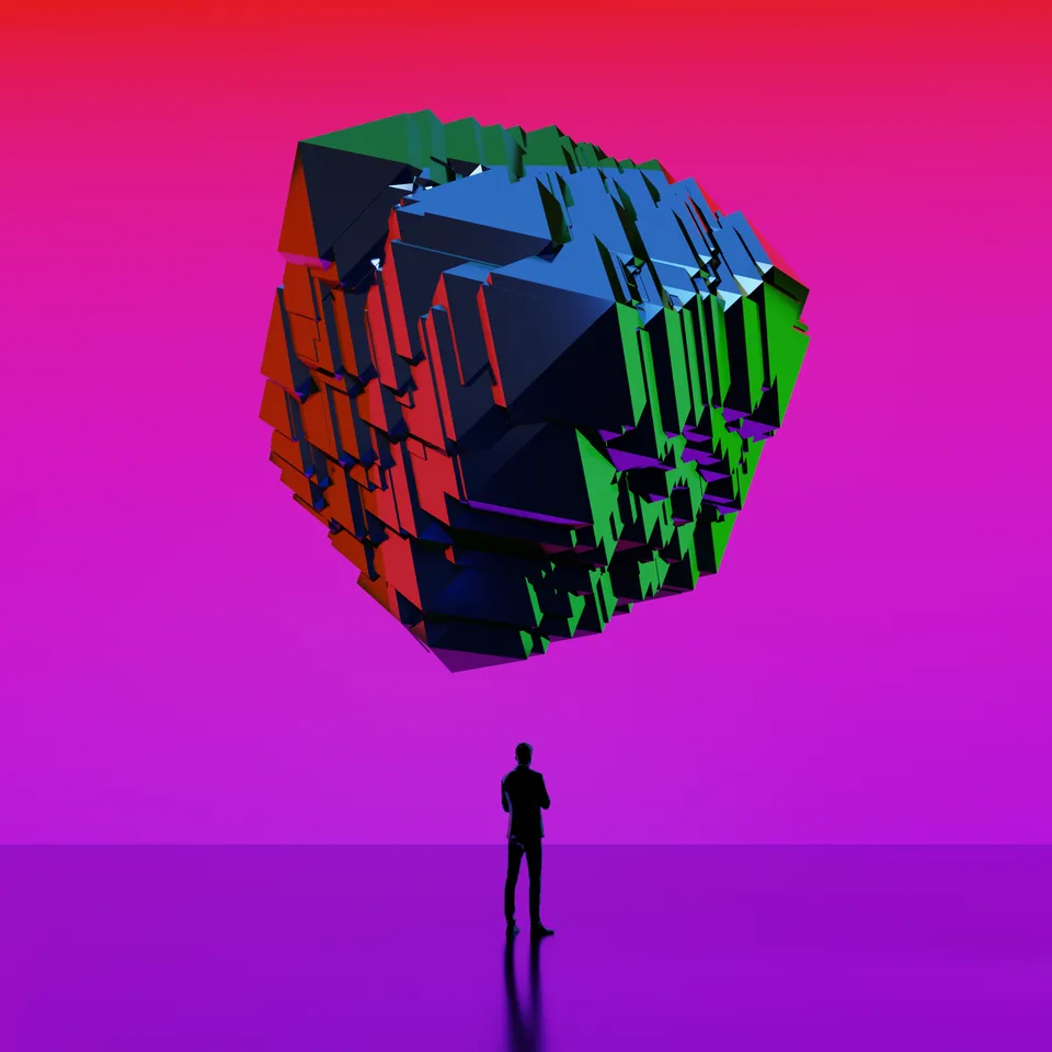 The same fractured monolith against a magenta gradient