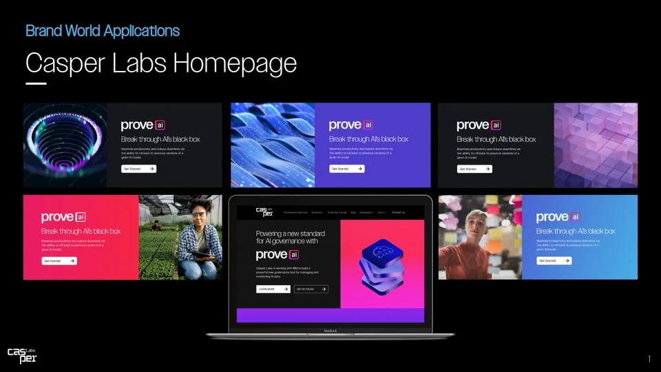 Six Casper Labs homepage hero explorations pairing the Prove AI mark with different imagery directions, plus a laptop mockup of the governance announcement page