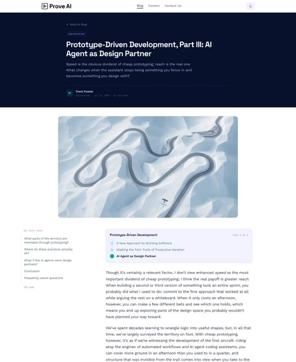 A published Prove AI blog post: category tag, title, deck, byline with read time, hero image, a contents rail with reading progress, a three-part series navigator, and the body copy