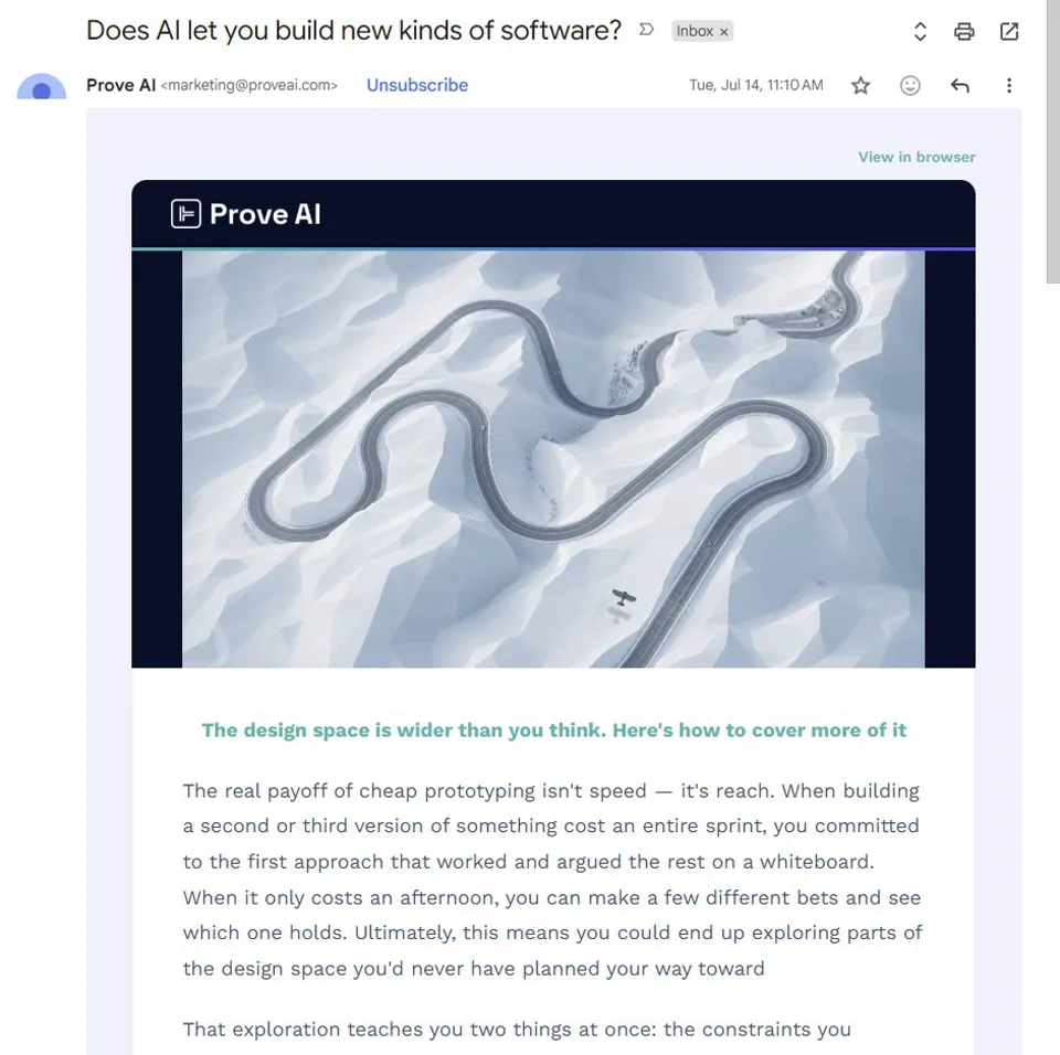 The same post as a Prove AI marketing email, landed in an inbox: branded header, the post's hero image, the deck and the opening paragraphs
