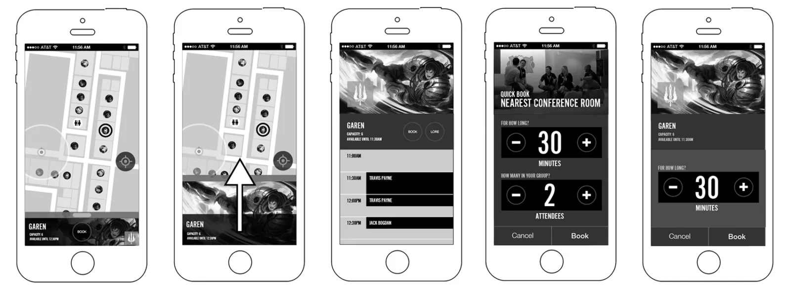 Five-screen booking flow: map, wayfinding arrow, room schedule, quick-book with duration and attendee steppers, and confirmation