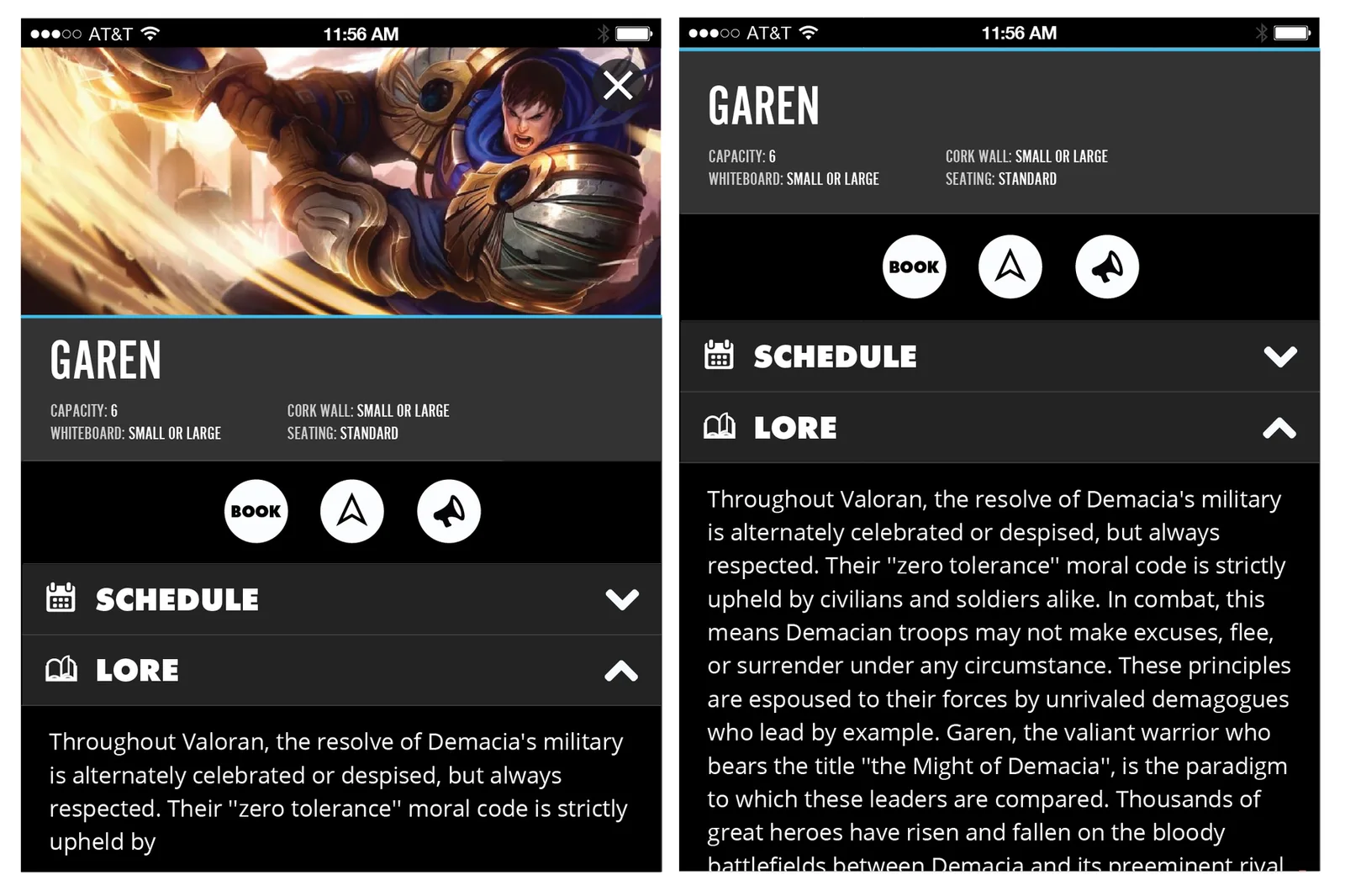 Two high-fidelity screens of the Garen room: splash art header, capacity and equipment specs, book, navigate and report actions, schedule and expanded League lore panel