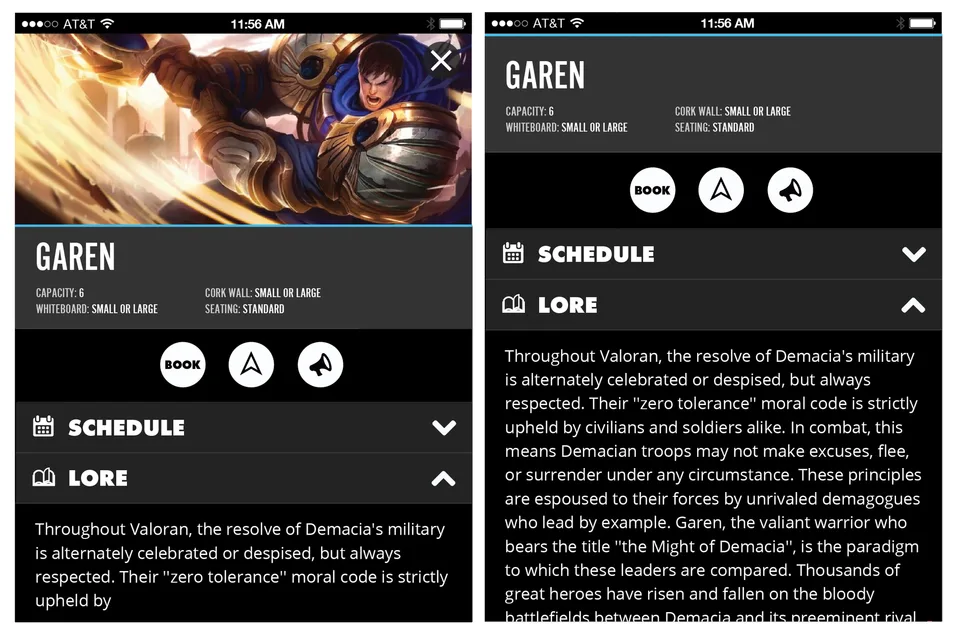 MiniMap app high-fidelity screens: the Garen conference room with schedule and League lore