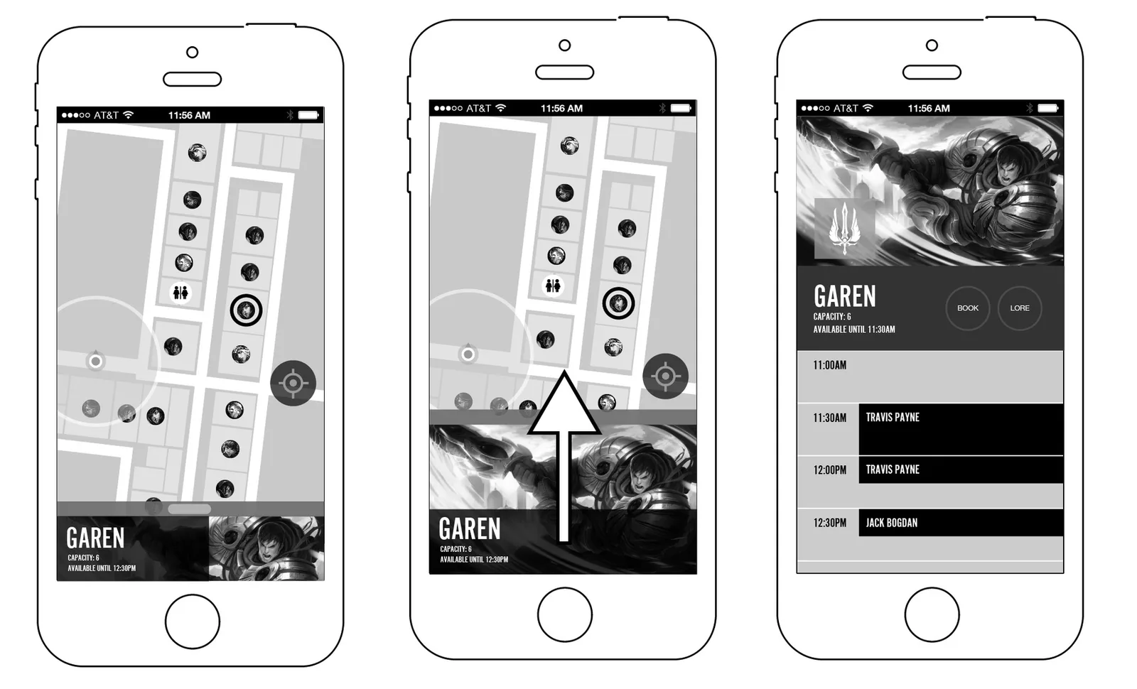 Three grayscale wireframe phone screens: campus map with room pins, navigation arrow overlay, and the Garen room detail with schedule
