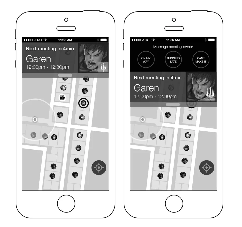 Wireframes of meeting notification states: next-meeting card with countdown and message-the-owner flow