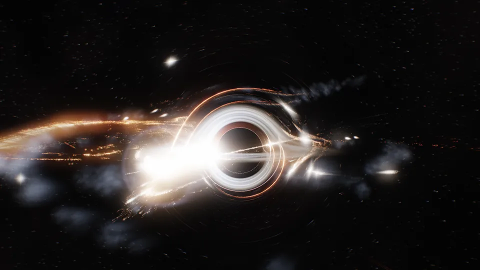 A black hole mid-meal in the Event Horizon simulator: the bright ring of its bent accretion disk, with orange streams of torn-apart stars and grey gas clouds spiralling in