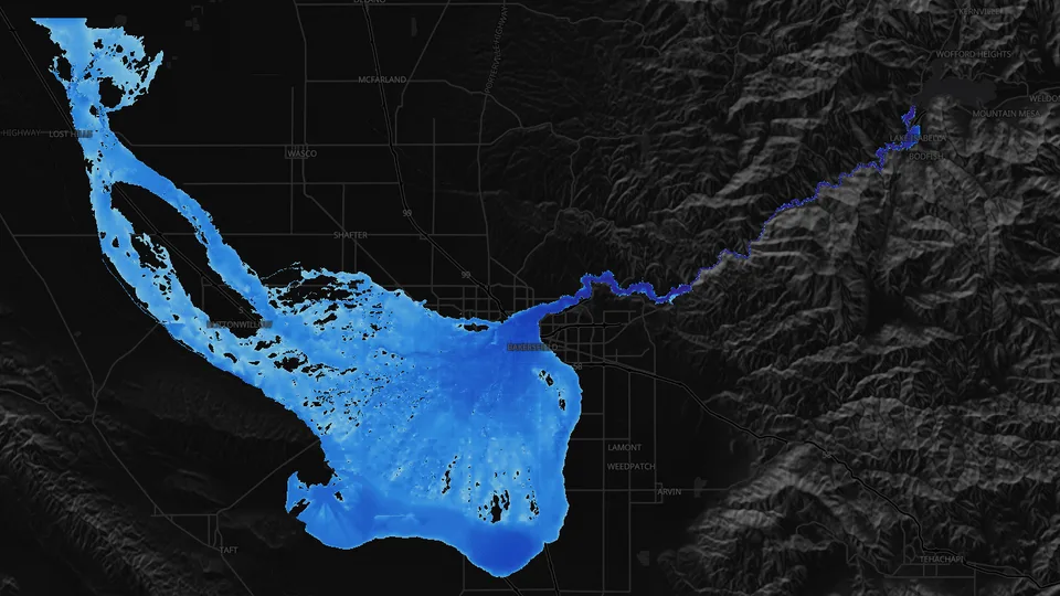 A dark relief map of Kern County with the simulated flood drawn in blue: a thin line down the Kern River canyon from Lake Isabella that fans out across Bakersfield and the valley floor