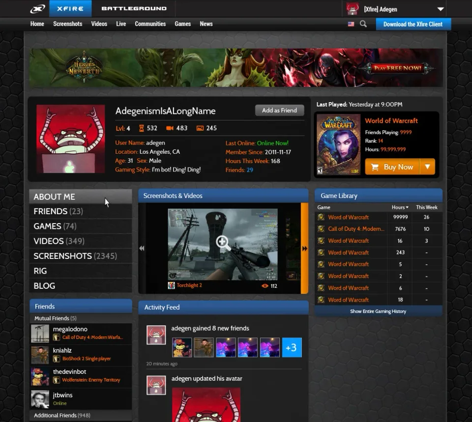 Xfire user profile page design with game library, screenshots and activity feed